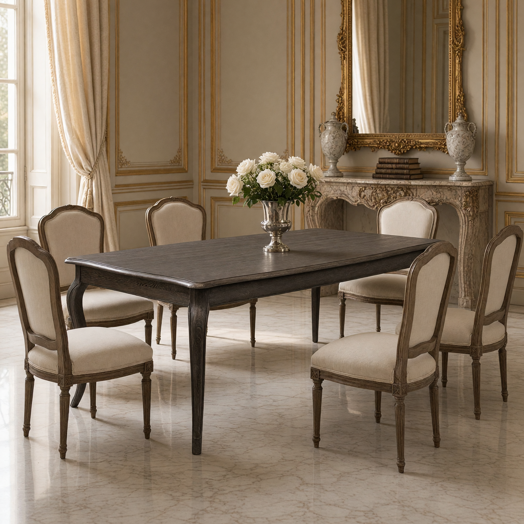 Vineyard Oak Cabriole Dining Table in Limed Charcoal Oak styled with Louis XVI dining chairs, a gilded mirror and white roses