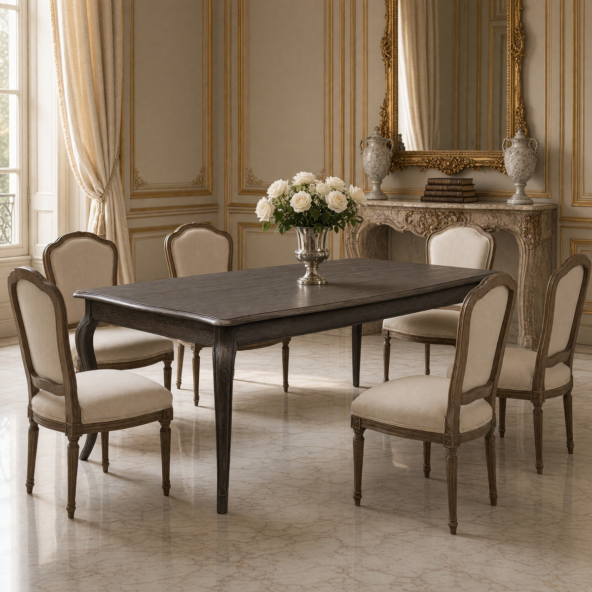 Vineyard Oak Cabriole Dining Table in Limed Charcoal Oak styled with Louis XVI dining chairs, a gilded mirror and white roses