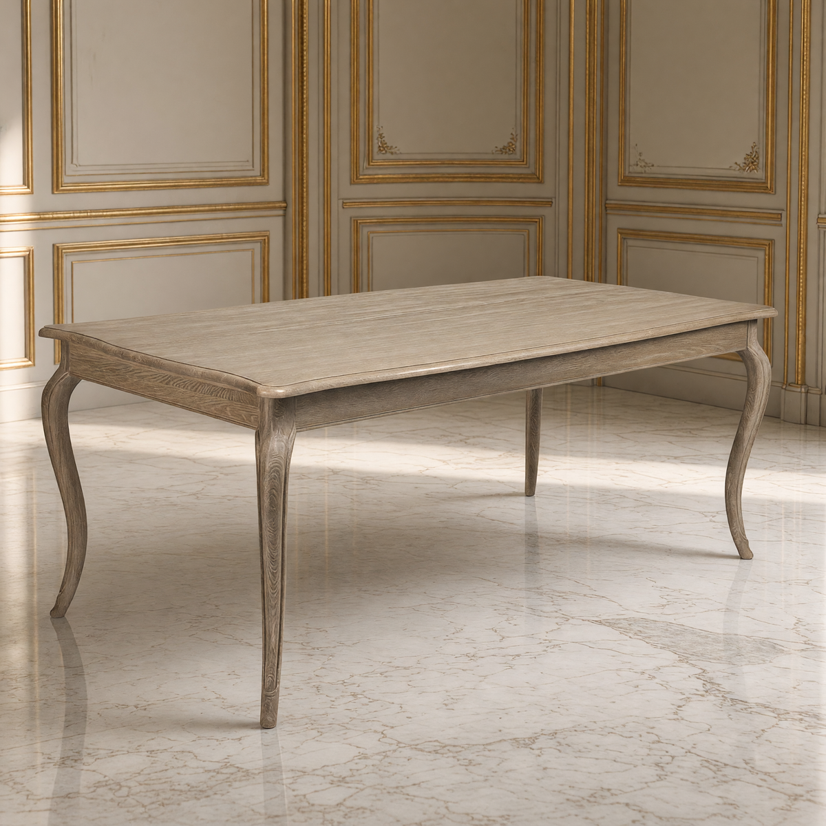 Vineyard Oak Cabriole Dining Table in Limed Grey Oak on a cream marble floor in a French boiserie dining room