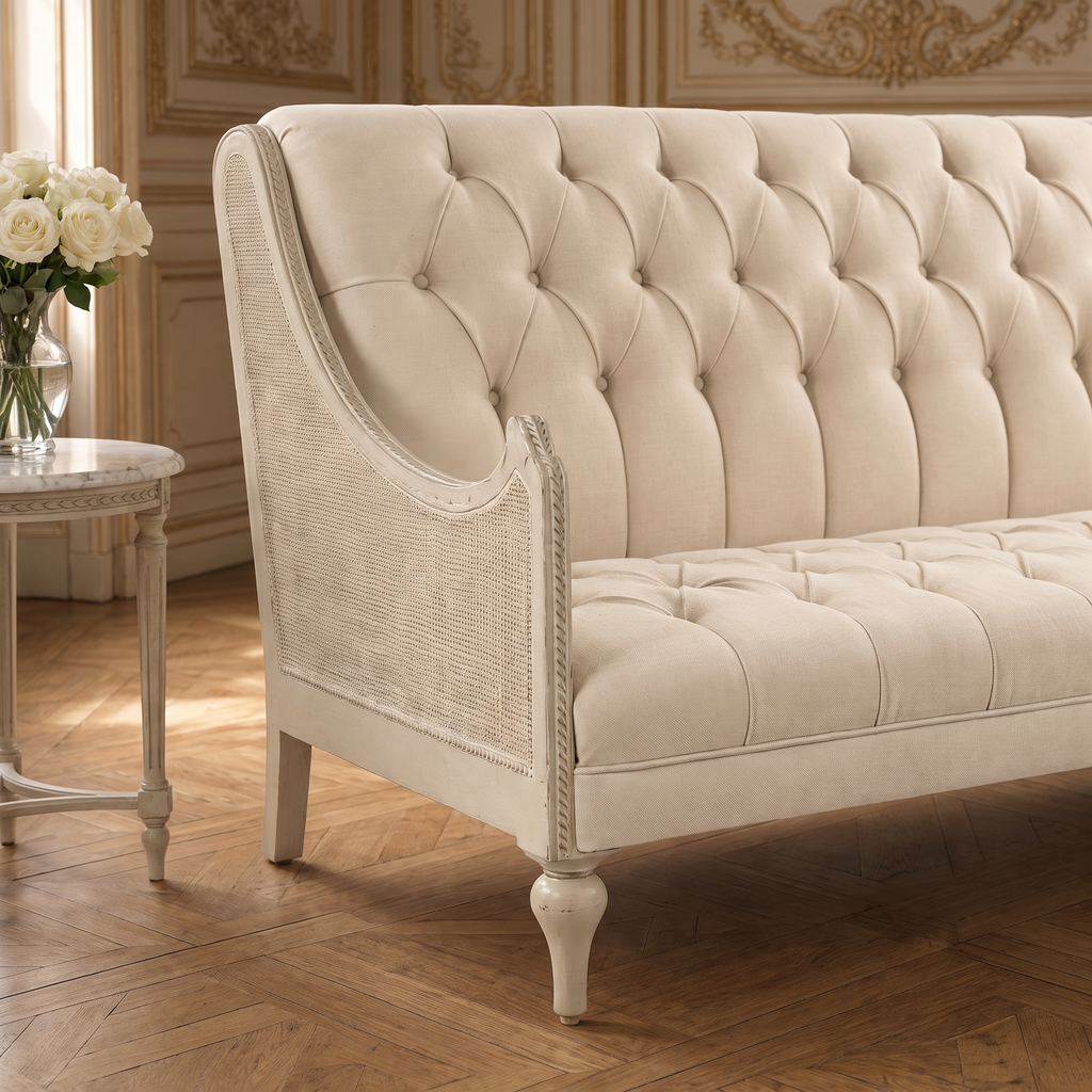 Close view of the cane side panel, rope-carved arm and turned leg of the Walsh French Tufted Linen Sofa