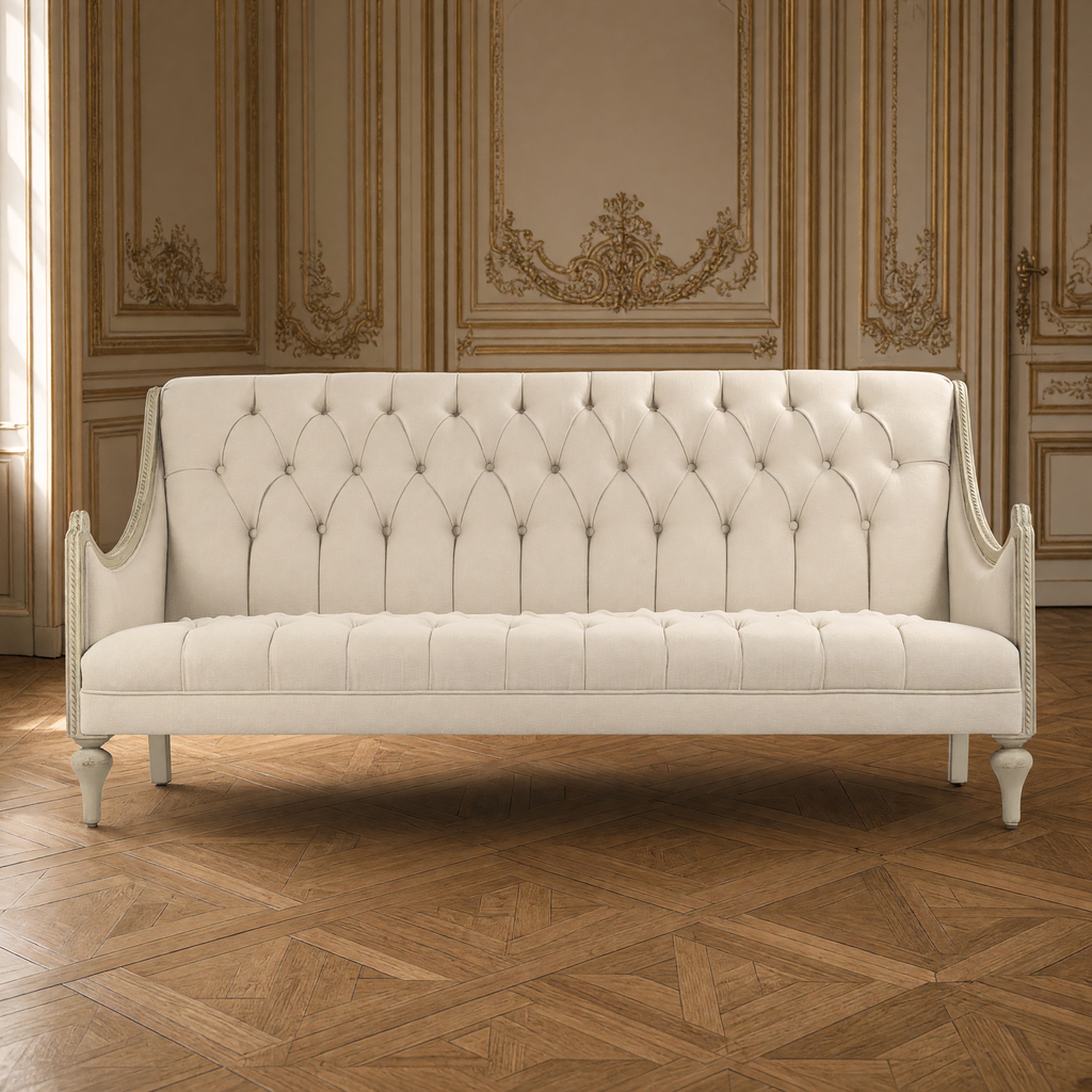 Front view of the Walsh French Tufted Linen Sofa showing its button-tufted back and seat