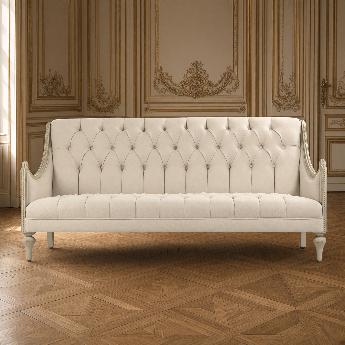 Front view of the Walsh French Tufted Linen Sofa showing its button-tufted back and seat