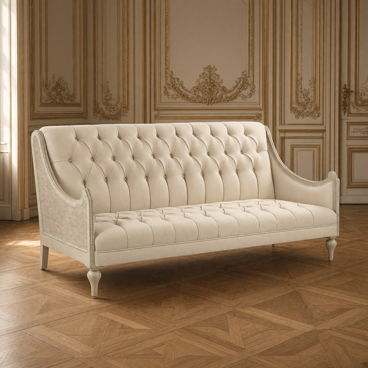Walsh French Tufted Linen Sofa in white linen in a gilded taupe Louis XVI salon on parquet de Versailles