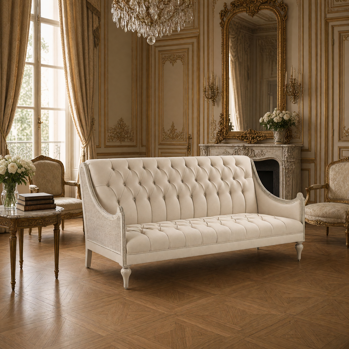 Walsh French Tufted Linen Sofa styled with bergere chairs, a gilded mirror and a marble-top table of white roses
