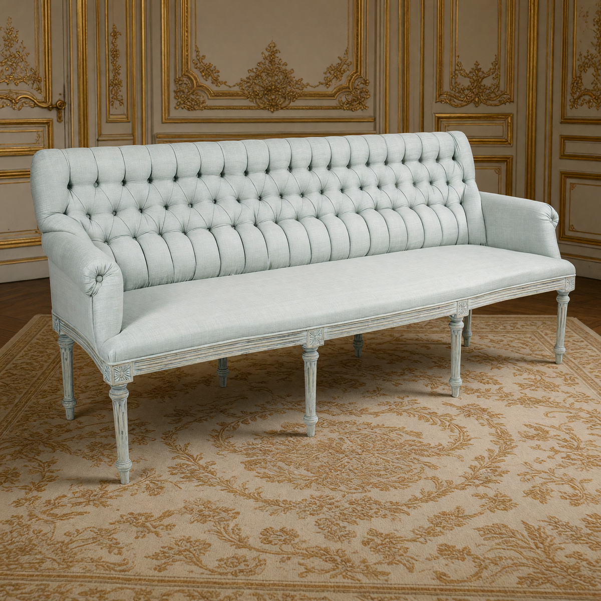 Wendy French Tufted Raw Silk Settee in pale blue in a gilded Louis XVI salon