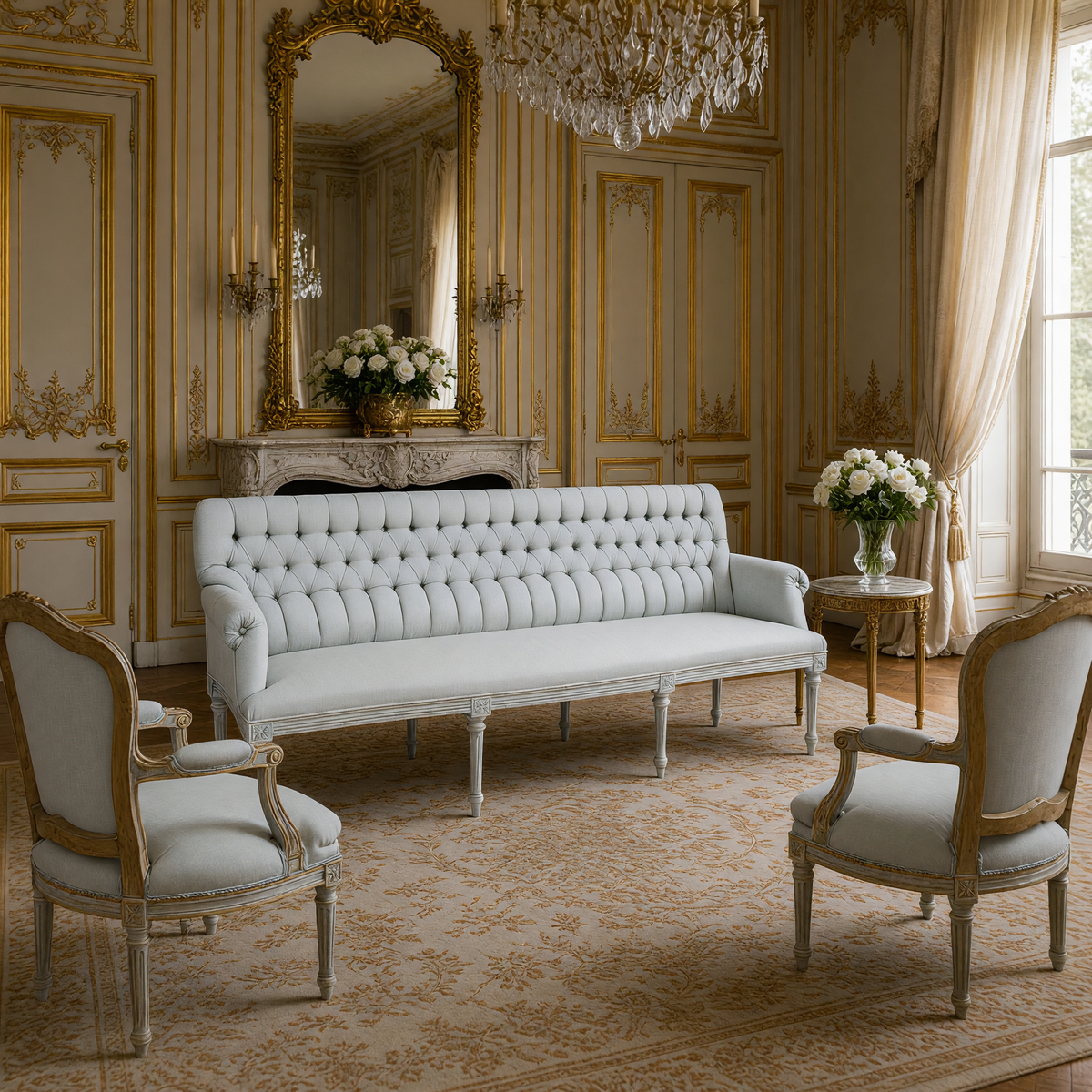 Wendy French Tufted Raw Silk Settee styled in a French drawing room with bergere chairs